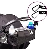 BTR Pram Buggy Buddy Stroller Organiser Storage Bag With Mobile Phone Holder & Rain Cover - Black - Water Resistant. PLUS Pram Hooks x 2