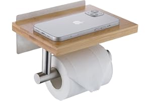 HomeHeng Porta Carta Igienica con Ripiano in Bambù Naturale, Spazzolato Portarotolo Adesivo da Parete per Bagno, H98903BN