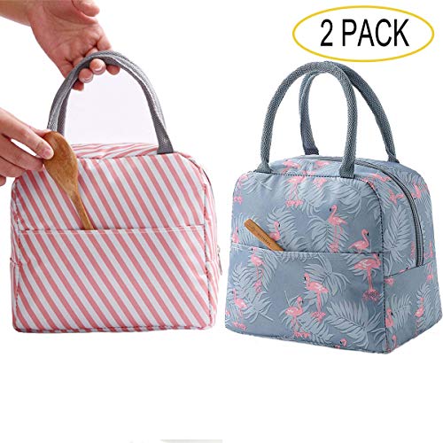 GCOA 2PCS Bolsa Térmica Almuerzo Impermeable Fiambrera Isotermica,Lunch Bag con bolsillo trasero,Para hombres, mujeres y niños (Flamingo & Pink Stripe)
