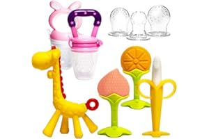 HONGTEYA Teething Toys for Baby (6 Pack) 4 Teethers for Babies 2 Fruit Feeders for Newborn BPA Free Natural Organic Silicone Baby Teethers Massage Set (Pink)