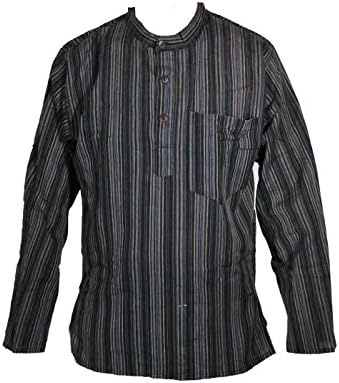 Black Stonewashed Striped Lightweight Grandad Shirt Kurta sizes Small to 5XL XL