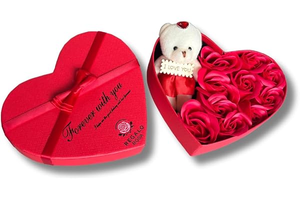 Regalo Rosa Lyxig hjärtformad presentask med eviga rosor och nallebjörn – present till fru, flickvän, henne – romantisk för alla hjärtans dag, jul och bröllop
