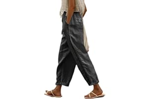 Placitiume Women's Elastic Waist Linen Pants - Relaxed Fit Straight Leg Crop Pants, Ideal for Casual Beach Days with Pockets