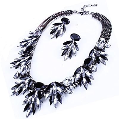Generic Parure Femme Chaîne Collier et Boucles D'oreilles Strass Ensemble de Bijoux - Noir