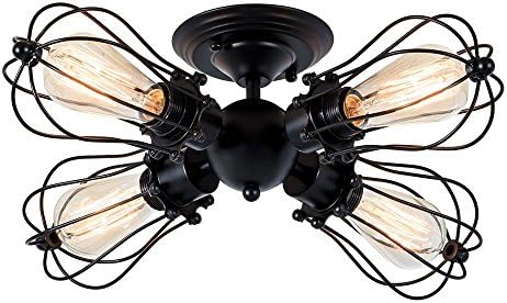 Vintage Ceiling Lights Adjustable Socket Industrial Chandeliers Metal Wire Cage Lamp Semi-Flush Mount Rustic Ceiling Light Indoor Home Retro Lighting Fixture (4-Light Lamp Base Painted with Oil Rubbed Bronze)