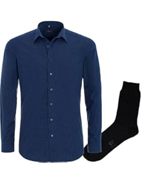ETERNA Herrenhemd Slim Fit, blau, Print + 1 Paar hochwertige Socken, Bundle