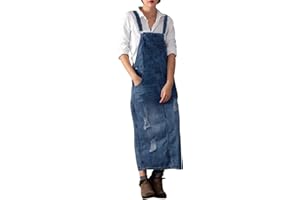 SEMEN Womens Vintage Classic Suspender Long Denim Skirts Washed Distressed Dungarees Dress Skirts Ripped Holes Pinafore Overalls