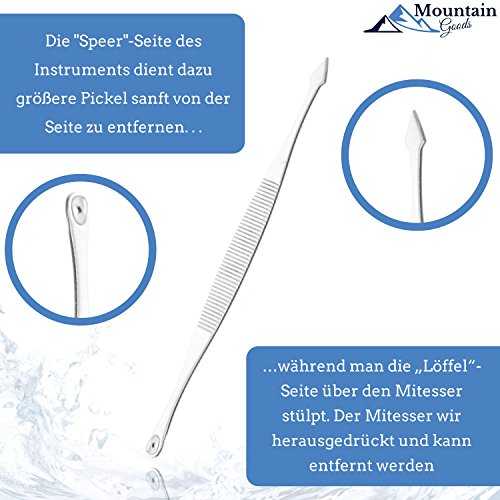 Mitesserentferner | Nummer eins aus dem Testbericht | Das Original von MountaingGoods | 5-teiliges Mitesser,- Pickelentferner Set | E-Book: 7 Tipps für eine gesunde und schöne Haut | Komplettes Profi Set aus 5 verschiedenen Instrumenten | Mitesserentferner – Komedonenquetscher | Behandlung fÙr Pickel, Mitesser und Pusteln | FÙr unreine Haut | Speziell geformte Werkzeuge | Mit Anleitung in Form eines eBooks fÙr die richtige Anwendung | Qualitativ hochwertige Instrumente mit edler Ledertasche - 5