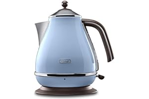 De'Longhi Czajnik elektryczny Icona Vintage KBOV2001.AZ – 1,7 l ze wskaźnikiem poziomu wody i podstawą 360°, stal szlachetna w eleganckim stylu retro z chromowanymi elementami, niebieski, 23 x 25 x 23
