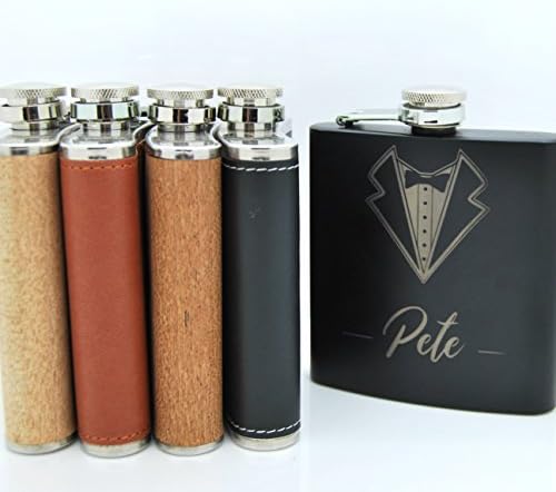 Personalized Tuxedo Suit Name - Leather & Wood Engraved 6oz Hip Flasks - Best Man/Wedding/Groom Gift (Black Leather Gift Boxed)