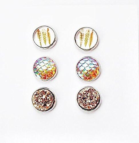 Feather Earrings Gift Set, Faux Druzy Glittery Studs, neutral coloured Earrings, Set Of Three Pairs, Stainless Steel Mermaid Jewelry