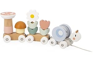 Janod - Train en Bois à Tirer Escargot - 2 Wagons et 10 Pièces Dont Hochet Amovible - Jouet d'éveil à Tirer - Bois FSC et Peinture à l'eau - Développer la Motricité Fine - Dès 12 Mois, J04010