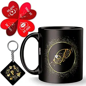 KivStar 01 P Alphabet letter Printed mug + Heart shape card+Printed keychain,Gift for Love,Birthday ,wife, husband, girlfriend boyfriend,Kids,Brother,Sister on Birthday love Valentines Day and Anniversary.