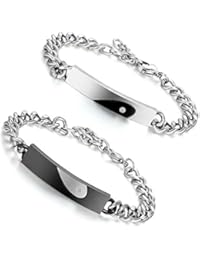 Flongo Pulseras para parejas, "Te tengo en mi corazón", Acero inoxidable pulseras de amor, Color negro plateado, Regalo para San Valentín/ Navidad, Un par
