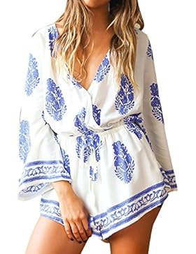 Little Sorrel Damen Boho-Stil Tiefer V-Ausschnitt Sandstrand Casual 3/4 Arm Mini Jumpsuit SommerKleid S-XL