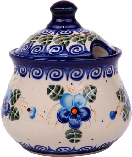Polish   Pottery   Ceramika  Boleslawiec, 0051/162, Sugar Bowl Iza, 1 Cup, Royal Blue Patterns with Blue Pansy Flower Motif