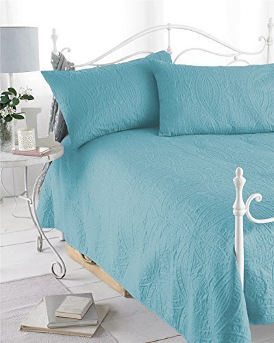 DUCK EGG BLUE EMBOSSED MOSAIC BEDSPREAD &amp; PILLOW SHAM SINGLE BED 180CM X 240CM