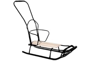 GagaDumi Oslo Schlitten aus Metall mit Rücklehne mit Sicherheitsgurte Schubbügel und Fußsack Babyschlitten Rodel Ideal für Kinder und Erwachsene Belastung bis 120 kg