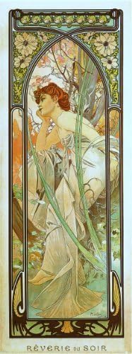 Daydreams, Evening Reverie (Rêverie du Soir), Reproduction 1899 Handcrafted Alfons Alphonse Mucha Art Nouveau Greeting Card / Note Paper; Approx. 8 x 6 inches