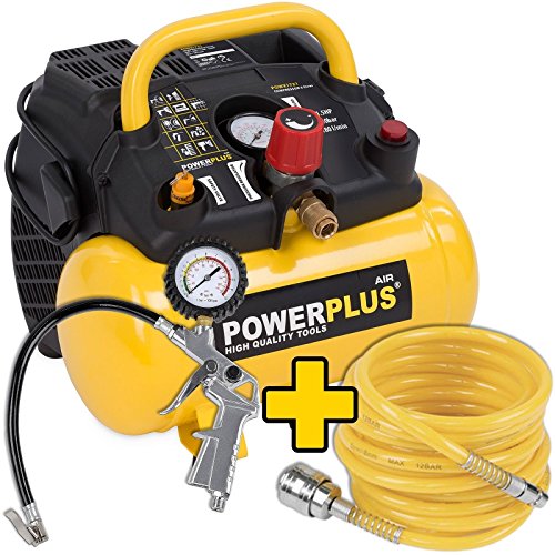 1.100 Watt Kompressor Spiralschlauch und Reifenfüller im Set - 1,5 PS, 8 bar, 6 Liter Tank - Art. Nr. POWX1721 + Zubehör