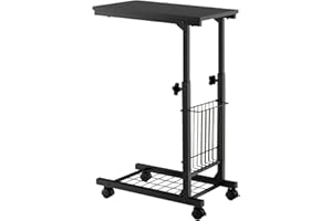 CASART C-Shaped Sofa Side Table, Height Adjustable Coffee Snack Table Laptop Stand with Wheels, Side Basket and Grid Shelf, Mobile Bed End Table for Living Room Bedroom Office(Black)