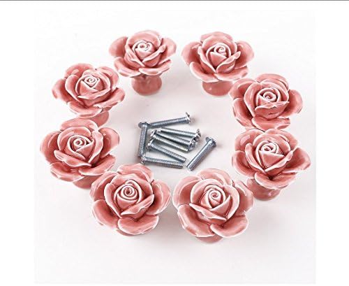 Philna12 Ceramic Rose Floral Door Drawer Knob Handle + Screw (Pink)