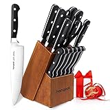 homgeek Couteaux de Cuisine, 15 Pièces Professionnel Set de Couteaux, Fabriqué en Acier Inoxydable Allemand X50Cr15 Bloc de Couteaux, Comprend Pierre à Aiguiser, Ciseaux et Bois