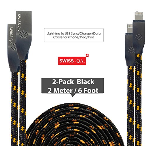 Lightning Kabel 2x 2m, Schwarz, Neustes Design - Sehr schnelles iPhone 7 Ladekabel - verstärktes USB Datenkabel mit Knickschutz - Für Apple iPhone 7 6 5, iPad, iPod - SWISS-QA Geldrückgabe Garantie