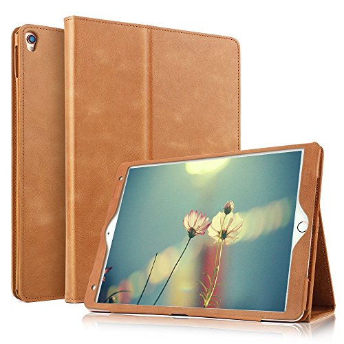 Ipad Air 2 Hülle, Boriyuan Echt Leder Schutztasche mit Standfunktion, Auto Sleep Wake up funktion und Kartenfächer für Kreditkarten für Ihr Ipad Air 2 - (Braun)