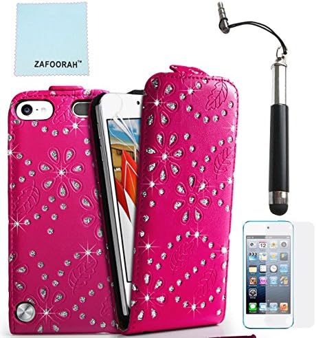 iPod Touch 5th 6th Generation Case, iPod Touch 5/6 Case Genuine ZAFOORAH PU Leather Flip Bling with 3 Bonus items Stylus, Screen Protector, Microfiber Cloth (PU Leather Flip - Bling - Dark Pink)