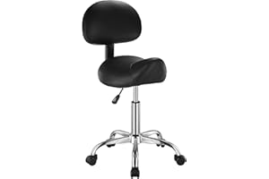 VEVOR Tabouret de Selle avec Support Dorsal et roulettes, capacité Poids 204 kg, Tabouret Roulant Ergonomique, Hauteur réglable, Chaise de Selle pivotante en Cuir PU, pour Salon, Spa, Massage, Noir