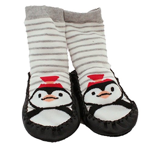 Baby Toddlers Kids Indoor Slipper Shoe Socks Moccasins NON SKID GREY STRIPE PENGUIN (Age 2-3)