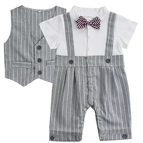 FEESHOW Baby Boys Bow Tie Gentleman Striped Romper Formal Outfits Suit with Vest Grey 12-18 Months