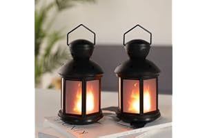 JHY DESIGN Lámpara de mesa estilo linterna alimentada por pilas lámparas de batería colgantes plástico de 8 pulgadas con efectos de llama parpadeante 3D luces de linterna de sala de estar interior jardín(negro)