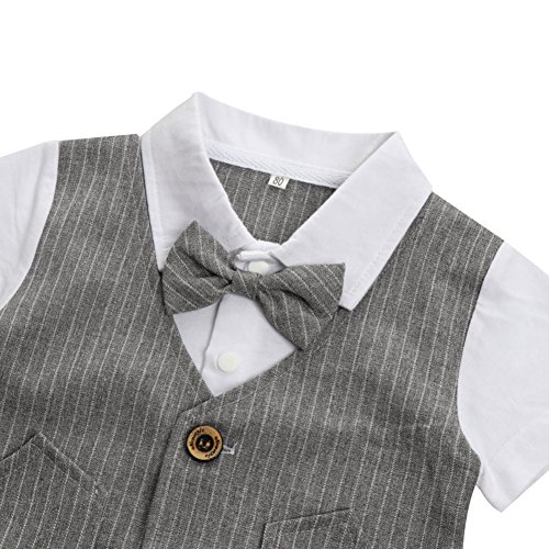 Baby Jungen 2-Teiliges Strampler Smoking Gentleman Anzug Kurzarm Streifen Outfits Sommer Kleidung Jumpsuit Spielanzug Taufkleidung mit Fliege (Grau, 80/12-18 Monate) - 3