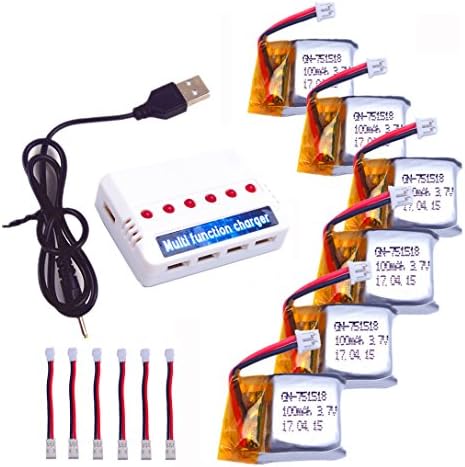 Wwman 6pcs 3.7V 100mAh Battery + 1to6 Charger and + 6pcs charging cable For Estes Proto X Nano 23971 Revell Control XS Nano JJRC H1 Mini JJ810 Hubsan Nano Q4 H111 JXD 395 LS112 Rc Quadcopter Drone Spa