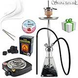 Shisha Set mit Shisha Amy Aero-X Klick II, Kohleanzünder, Naturkohle, Kaminkopf, Dampfsteine und eine kleine Überraschung (Schwarz / Chrome)