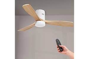 M mimotec - Ventilatore da soffitto Led Energy 58W Bianco, telecomando, motore DC 40W+Luce Led 18W, 6 velocità, Silenzioso, 3 Pale in legno naturale, 132 cm, funzione estate-inverno, timer