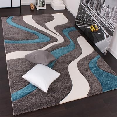 Paco Home Tapis De Créateur Avec Contours Découpés Motif à Carreaux En Turquoise Gris, Dimension:120x170 cm