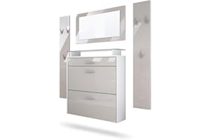 ‎VLADON Vladon Garderobe Malea, Garderobenset bestehend aus 1 Hängeschuhschrank, 1 Wandspiegel und 2 Garderobenpaneele, Weiß matt/Sandgrau Hochglanz