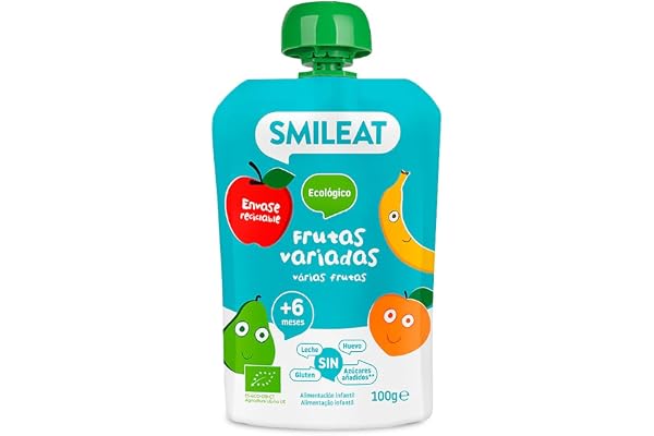 Smileat Pouch Ecológico de Frutas Variadas, 100 g | Combinación de melocotón, plátano, manzana y pera, de textura suave y recomendada para peques a partir de 6 meses