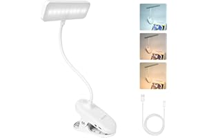 Homcoice Luz Lectura recargable con 3 color y brillo atenuación no polar, Lampara Pinza cuidado de ojos de luz natural anti-azul, Luz de abrazadera con cuello de cisne flexible