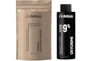 ‎FEMMAS FemMas Blondier-Set: Premium Blondierpulver 100g & Oxycreme 100ml| Perfektes Starter Set für blonde Haare | für bis zu 9 Tonstufen hellere Haare in Salon Qualität (Blond, 9%)