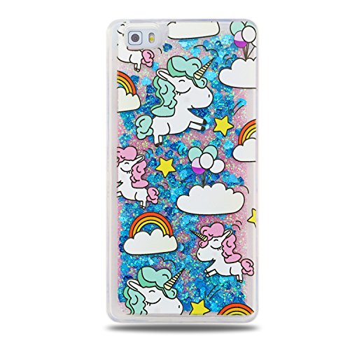 Funda Huawei P8 Lite  E-Lush Acr  lico Silicona Material Liquid Crystal  Bling Unicornio y Nube Purpurina llamativa Funda Protectora Suave Anti-rasgu  o y a Prueba de Golpes Bumper  Semi-transparent Quicksand  Ligero Funda para Huawei P8 Lite Azul