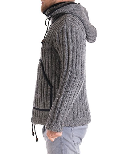 Vishes – Alternative Bekleidung – Gestrickte Herren Winter Wolljacke mit Abnehmbarer Kapuze und Fleece gefüttert grau 48
