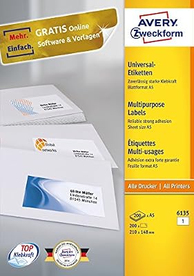 Avery zweckform étiquettes universelles 6135 blattformat au format a5 148 x 210 mm-lot de 200 feuilles 200 (blanc)