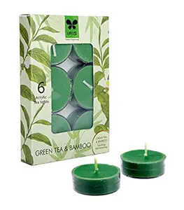 Iris Green Tea and Bamboo Fragrance Tealight Candles (8 cm x 1.7 cm x 12 cm, Green, Set of 6)