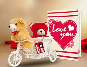 TIED RIBBONS Valentine Day Gift for Husband Wife Girlfriend Boyfriend Girls Boys - Valentines Special Gift (2 Teddy, Love Tri Cycle, Key Chain, Greeting Card)