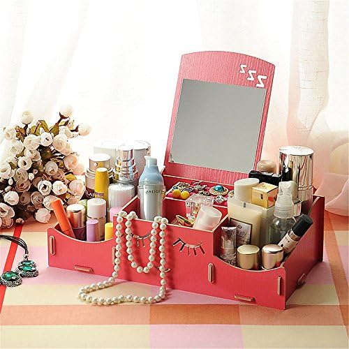 Qearly Lovely Removable Desktop DIY Wood Jewelry Box Makeup Organizer Cosmetic Storage Containers With Mirorr-Red