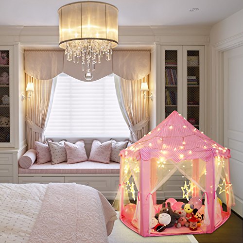 Outdoor Indoor Princess Castle Play Tents,Shayson Large Playhouse Kids With Warm Soft Blanket Smile Tent Light, 40 Small Star Lights,6 Middle Hang Star Led Light,6 Large Hang Star Led Light For Festival Fairy Princess Castle Tent, Newest Design, Extra Large Room (tent series)
